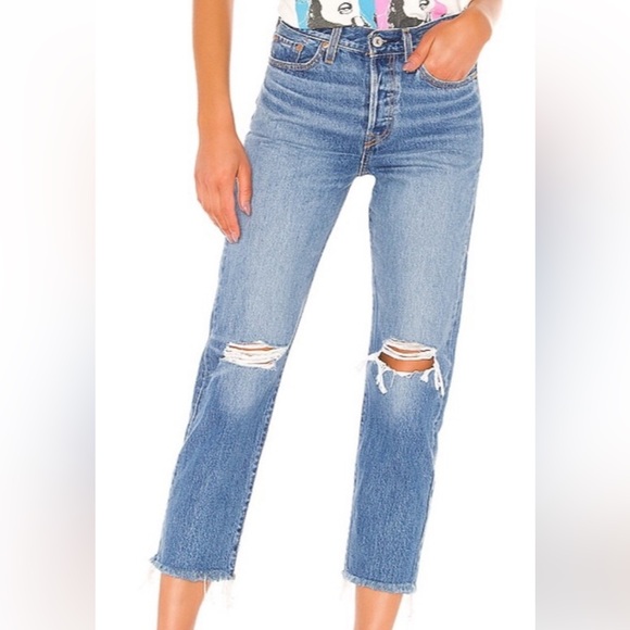 Wedgie Straight Distressed cropped blue jeans - Picture 1 of 9